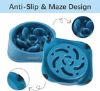 Two blue slow feeder dog bowls with maze design and anti-slip pads, shown to reduce fast eating and improve digestion for medium and large breed dogs.