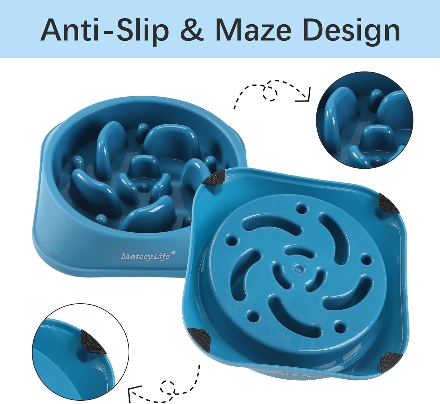 Two blue slow feeder dog bowls with maze design and anti-slip pads, shown to reduce fast eating and improve digestion for medium and large breed dogs.