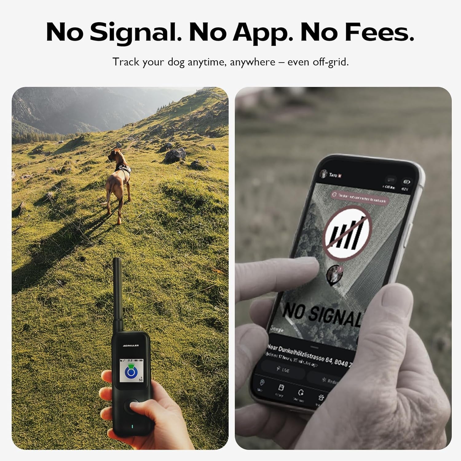 Handheld GPS dog tracker working off‑grid while phone shows no signal, highlighting no app and no subscription tracking.