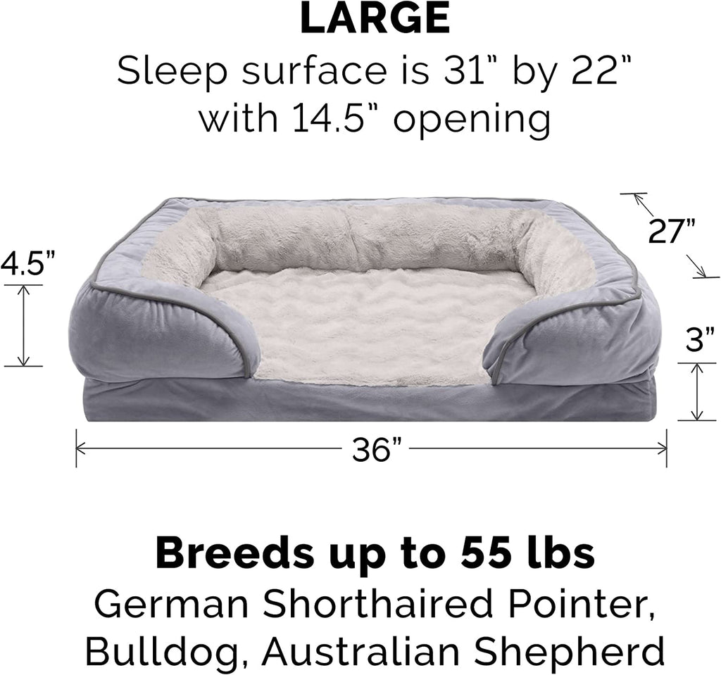 large orthopedic dog bed size chart showing 30 by 22 inch sleep surface and 8.5 inch opening