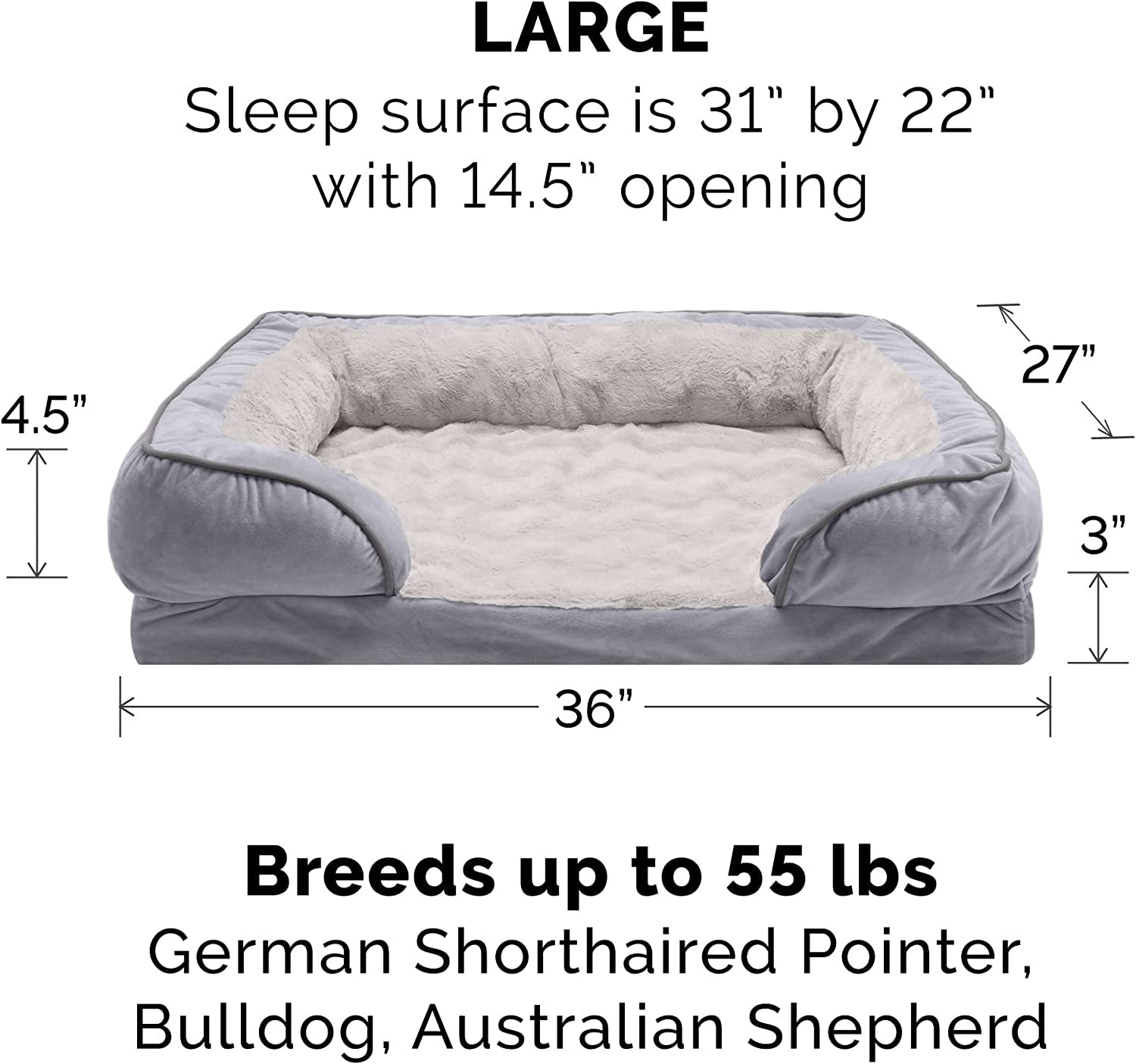 large orthopedic dog bed size chart showing 30 by 22 inch sleep surface and 8.5 inch opening