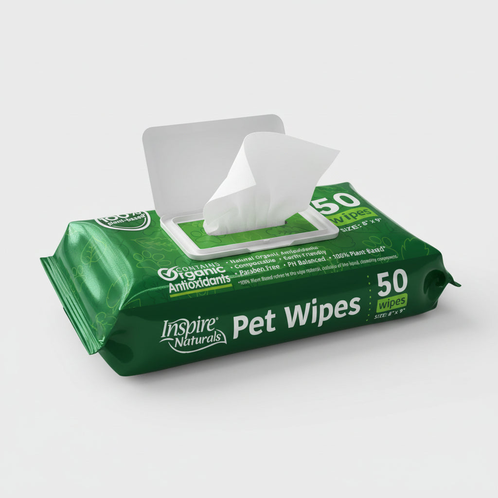 green pack of inspire naturals pet wipes with organic antioxidants plant based 50 count