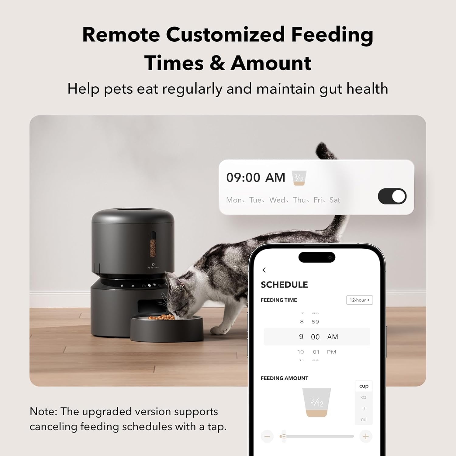 Smart automatic pet feeder with app‑controlled feeding schedule, showing a cat eating while a smartphone displays customizable meal times and portions.