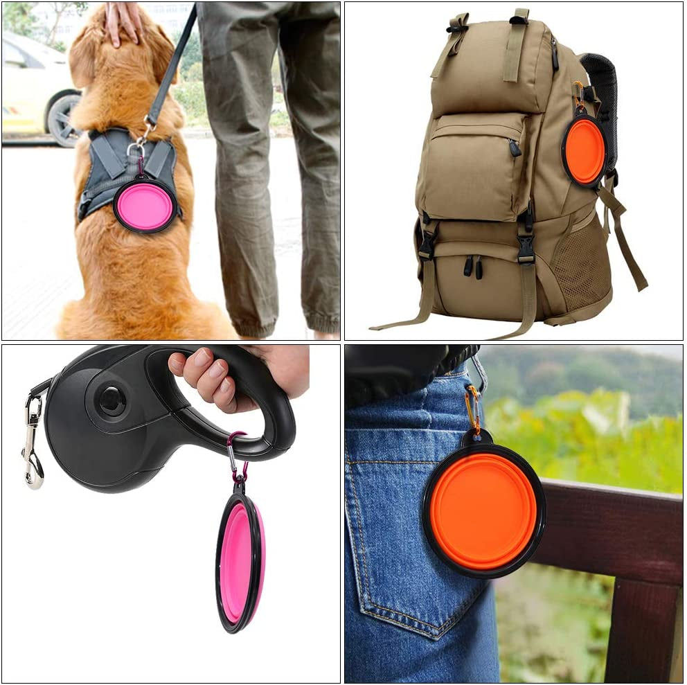 collapsible dog bowls used during outdoor activities dogs drinking from portable bowls attached to backpack or leash travel friendly design