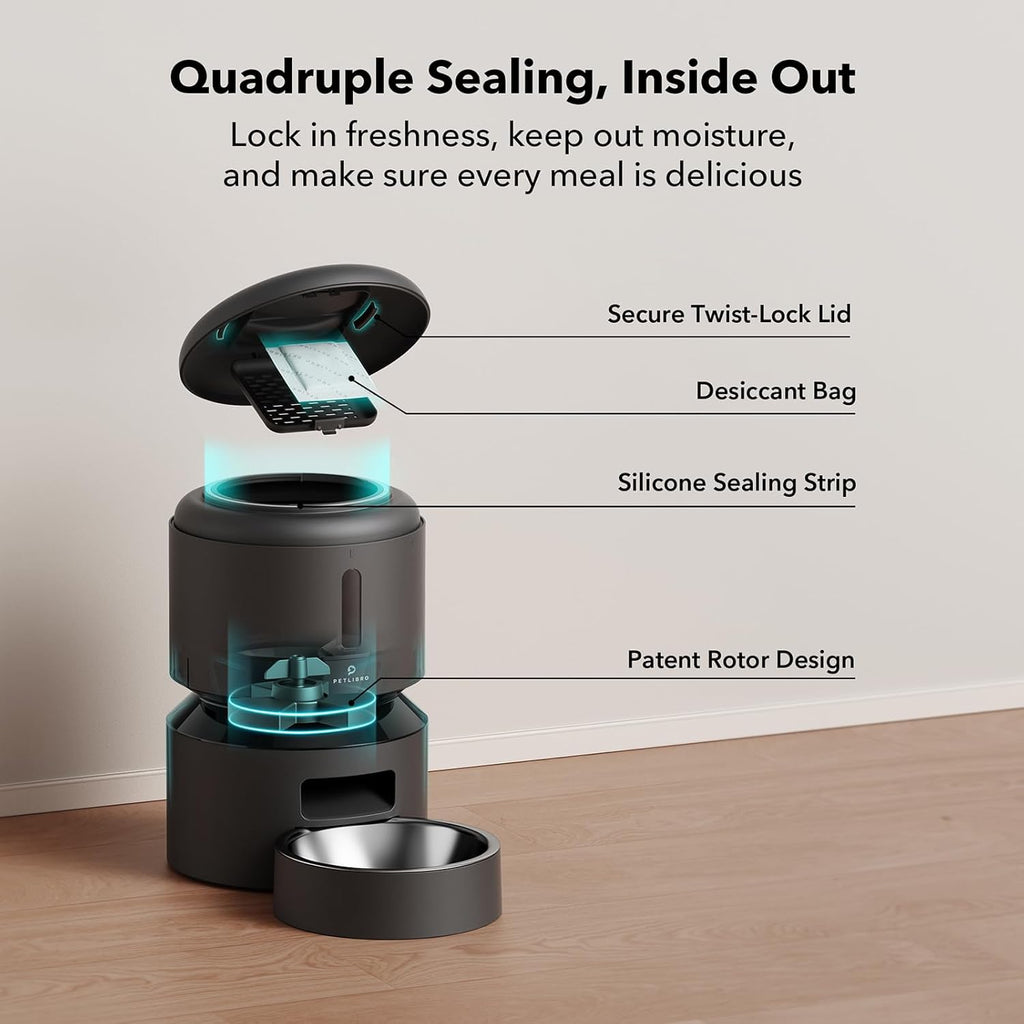 Automatic pet feeder with quadruple sealing system showing twist‑lock lid, desiccant bag, sealing strip, and rotor design for fresh, dry kibble.