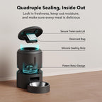 Automatic pet feeder with quadruple sealing system showing twist‑lock lid, desiccant bag, sealing strip, and rotor design for fresh, dry kibble.