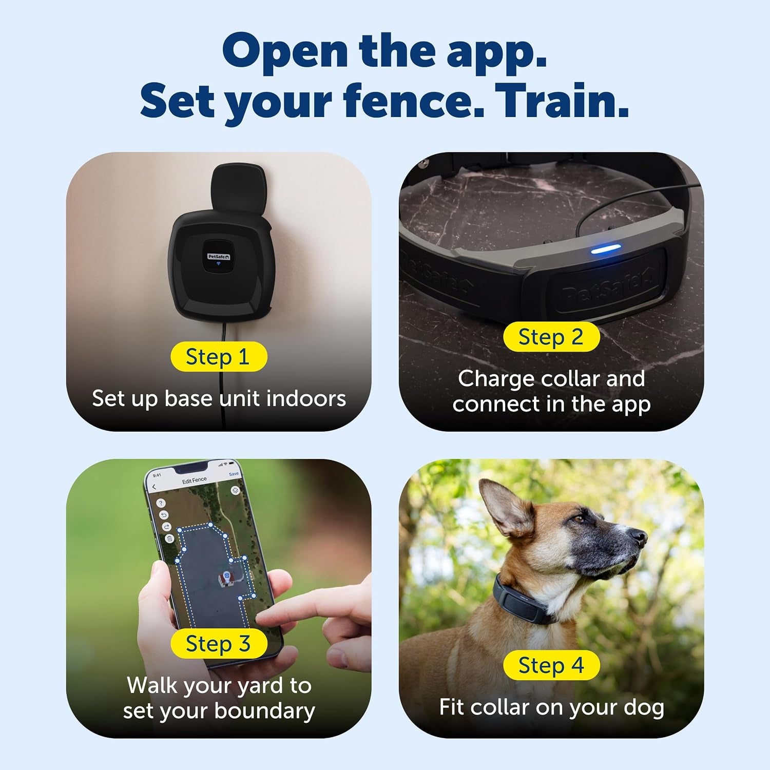 Step‑by‑step setup of a GPS wireless dog fence showing base unit, charging collar, app boundary creation, and dog wearing the collar.