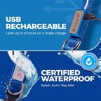USB‑rechargeable waterproof LED dog collar shown with water splashes, lasting up to 8 hours for nighttime safety.
