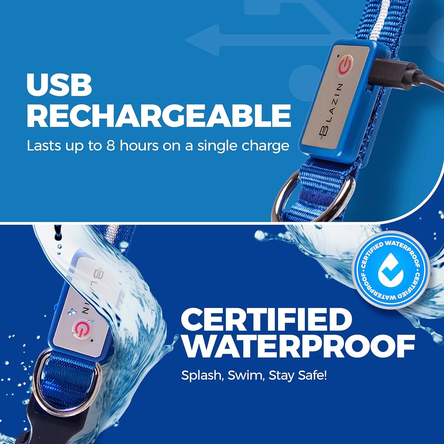 USB‑rechargeable waterproof LED dog collar shown with water splashes, lasting up to 8 hours for nighttime safety.