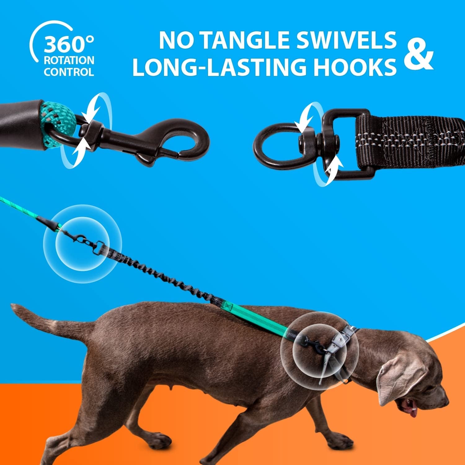 dog leash with anti tangle swivel and long lasting metal hook heavy duty construction