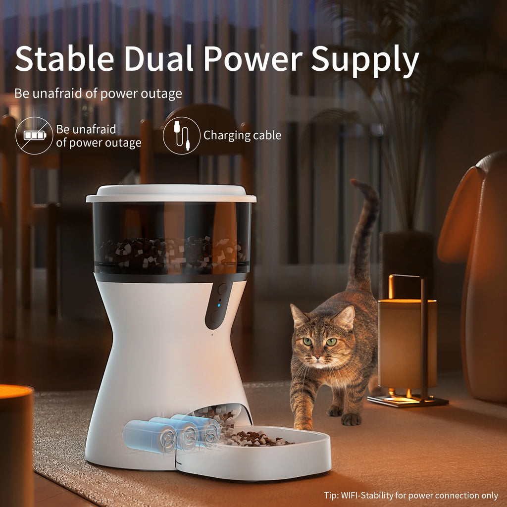 smart pet feeder showing stable dual power supply with wall plug and battery backup for uninterrupted feeding