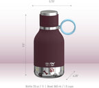 37oz insulated dog water bottle with removable bowl burgundy color shown with size measurements