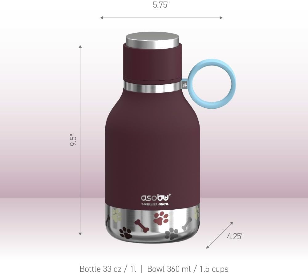 37oz insulated dog water bottle with removable bowl burgundy color shown with size measurements