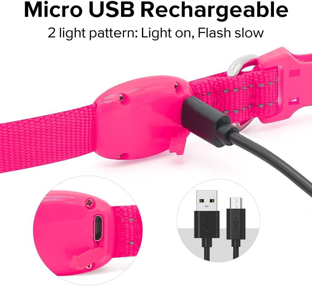 pink LED pet collar micro USB rechargeable with steady and slow flash light modes shown with charging cable