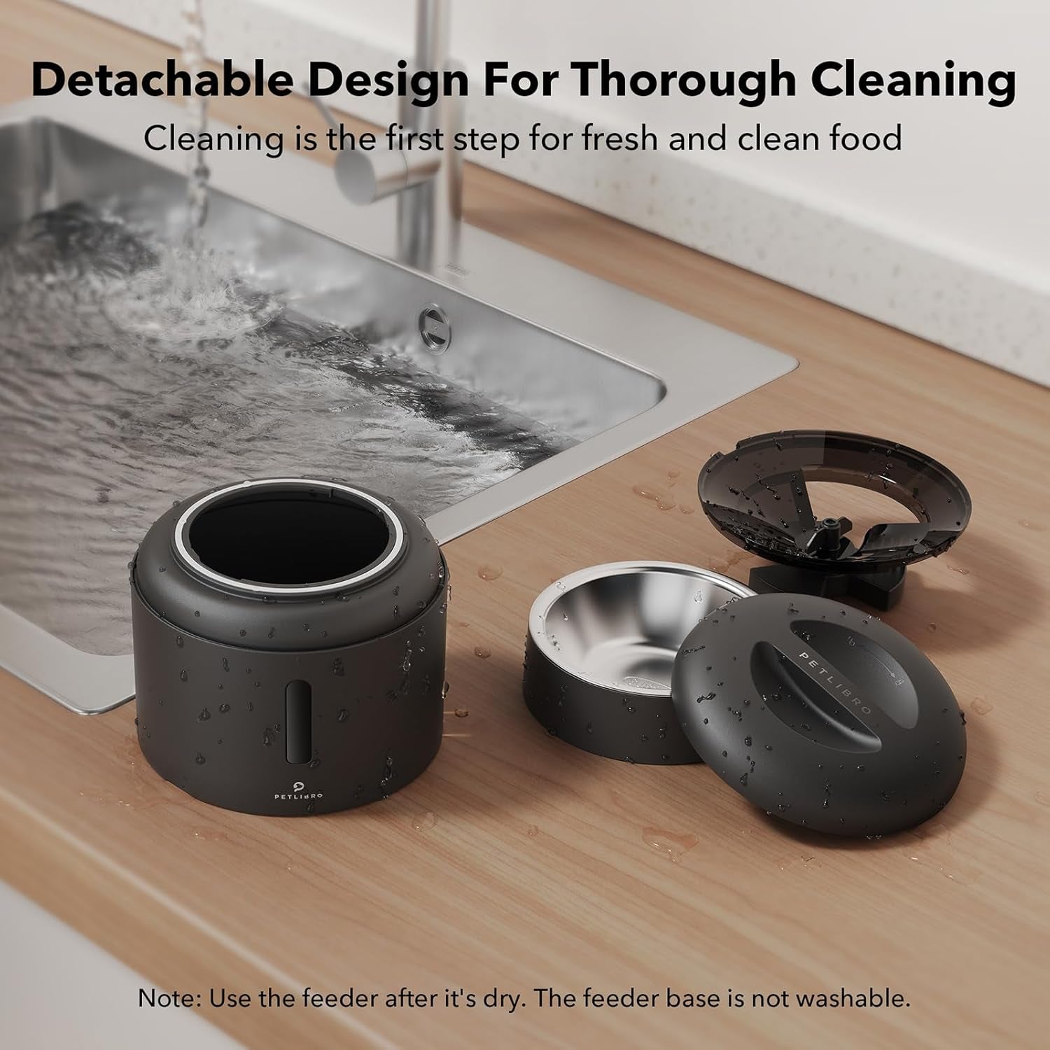 Detachable automatic pet feeder parts drying by a sink, showing easy cleaning design for hygienic pet meals.