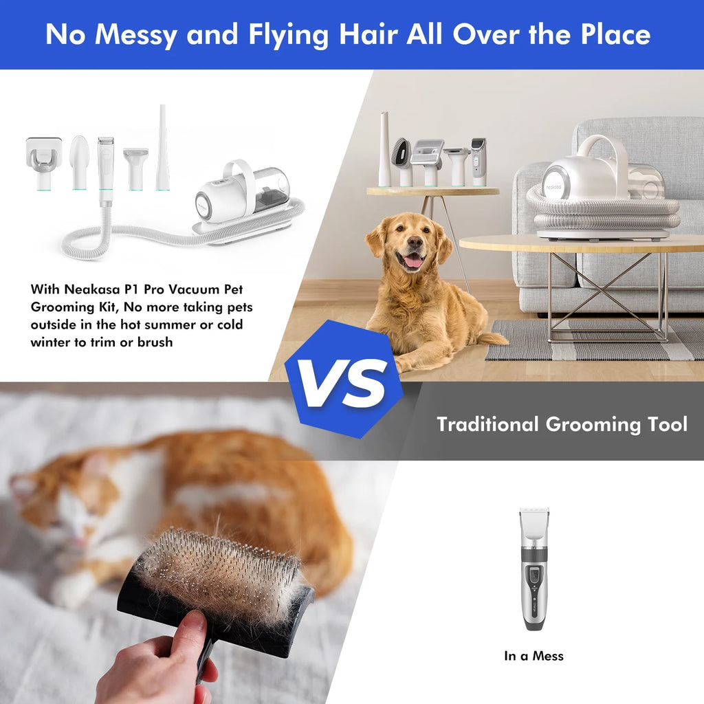 Comparison of Neakasa P1 Pro vacuum pet grooming kit versus traditional grooming tools, showing cleaner results with no loose hair.