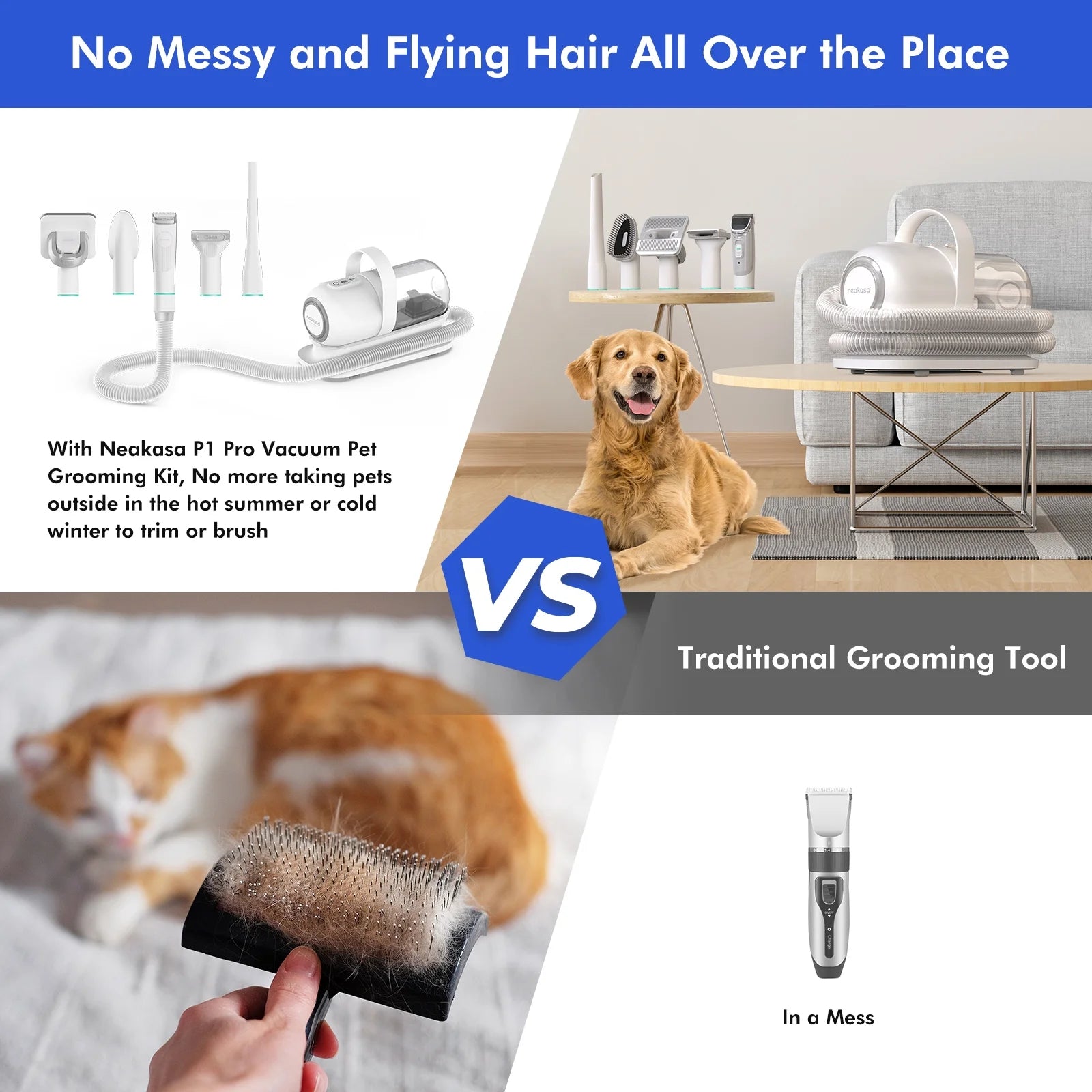 Comparison of Neakasa P1 Pro vacuum pet grooming kit versus traditional grooming tools, showing cleaner results with no loose hair.