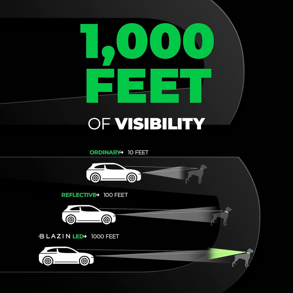 LED dog collar glowing brightly with 1000 foot visibility and three light modes
