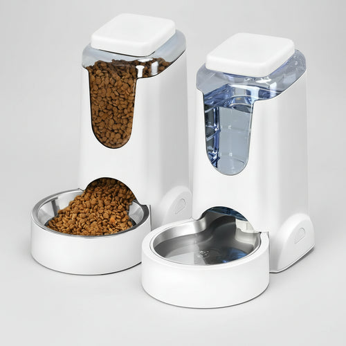 Automatic Cat Feeder and Water Dispenser with Stainless Steel Bowl Dog Gravity Food Feeder and Waterer for Small Medium Pets Puppy Kitten 1 Gallon X 2