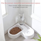 automatic pet water dispenser placed on floor with pet eating from food bowl stable compact and easy to clean
