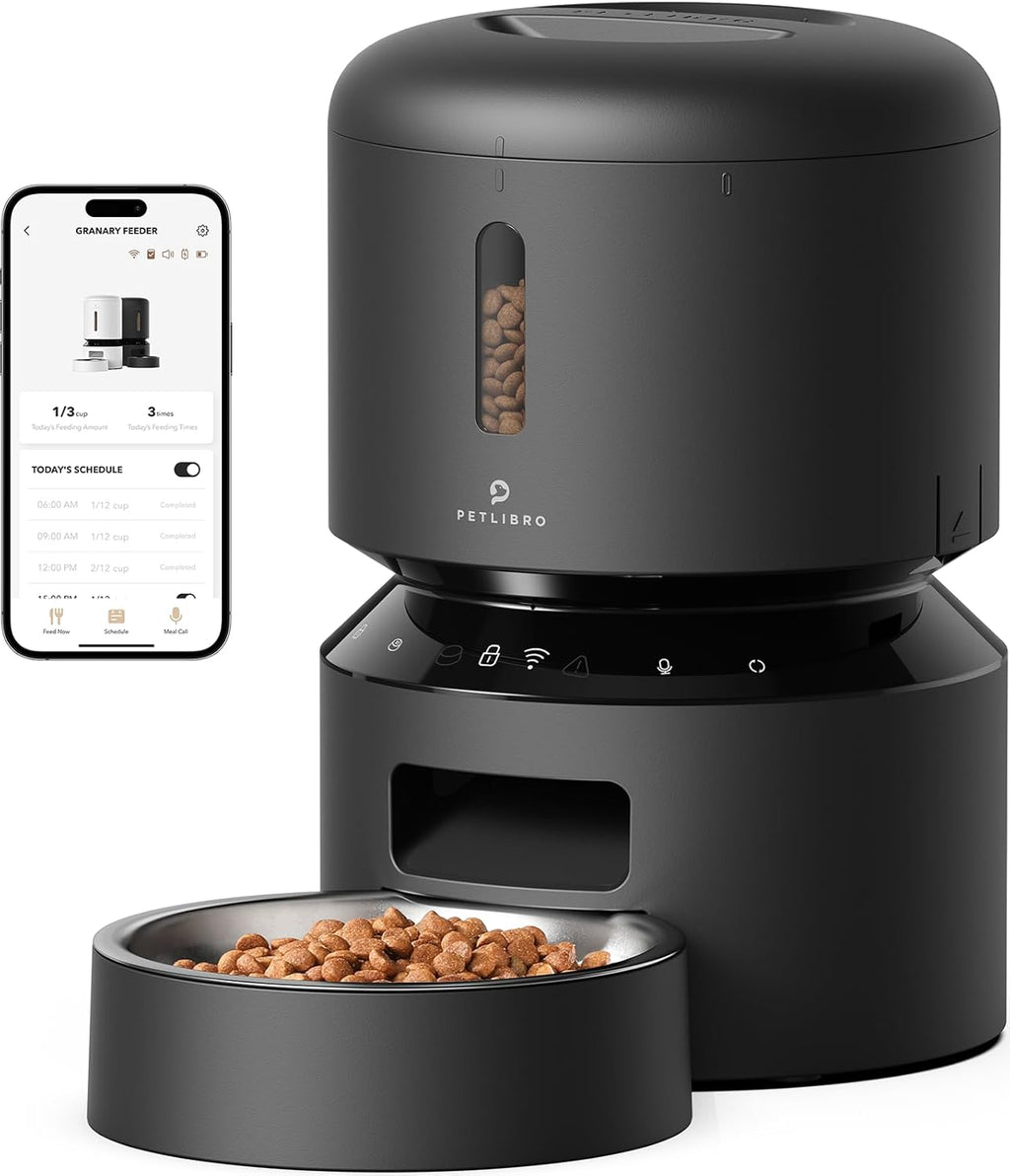 PETLIBRO automatic pet feeder with app control, showing smart feeding schedule and portion settings on a connected smartphone.