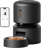 PETLIBRO automatic pet feeder with app control, showing smart feeding schedule and portion settings on a connected smartphone.