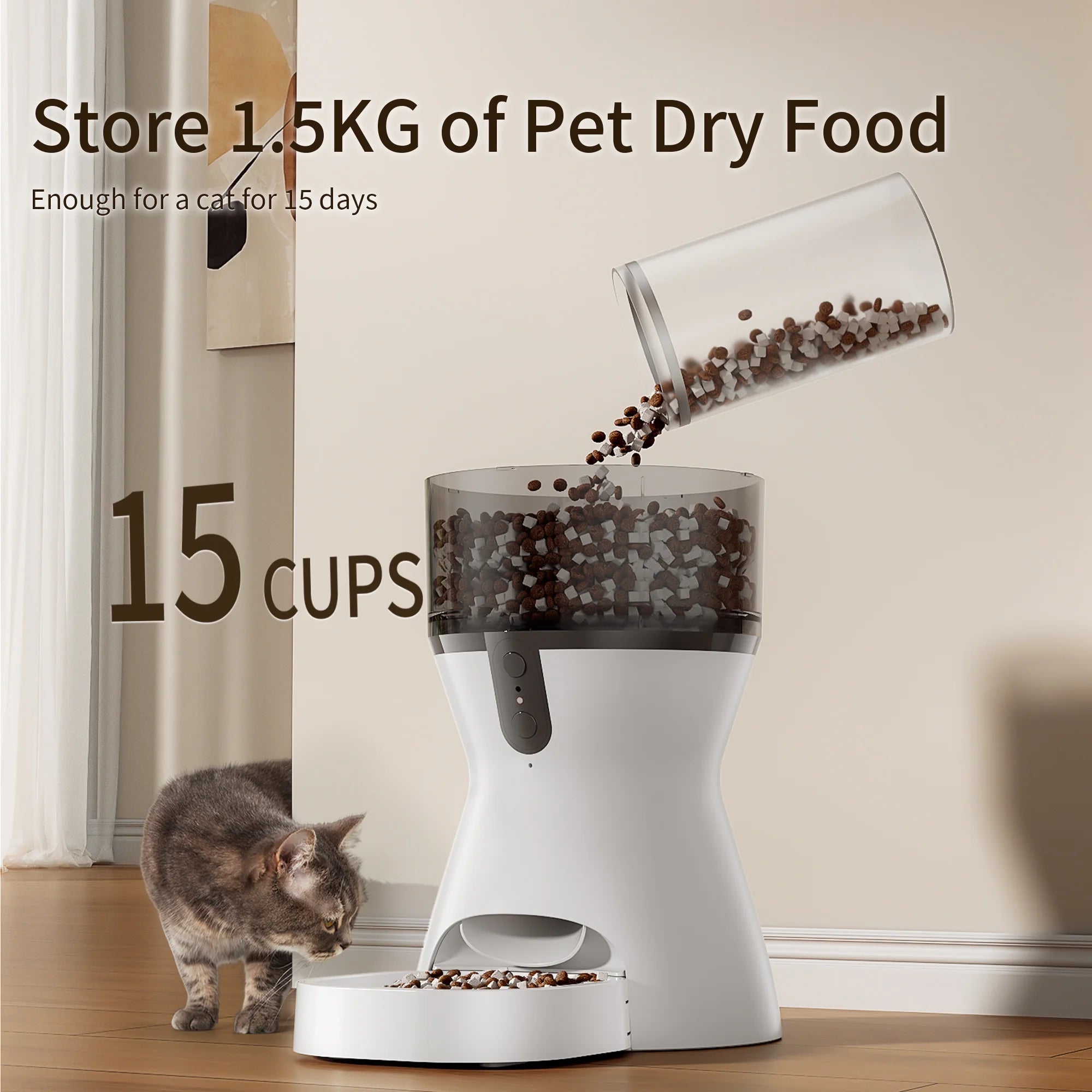 smart automatic feeder storing 1.5kg of dry pet food with phone display showing feeding data and monitoring
