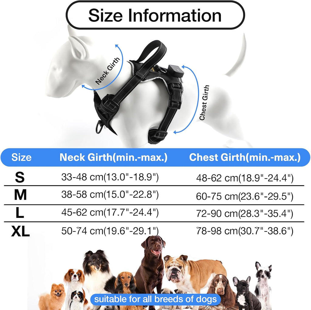 dog harness size chart with neck and chest measurements for small medium large and xl dogs
