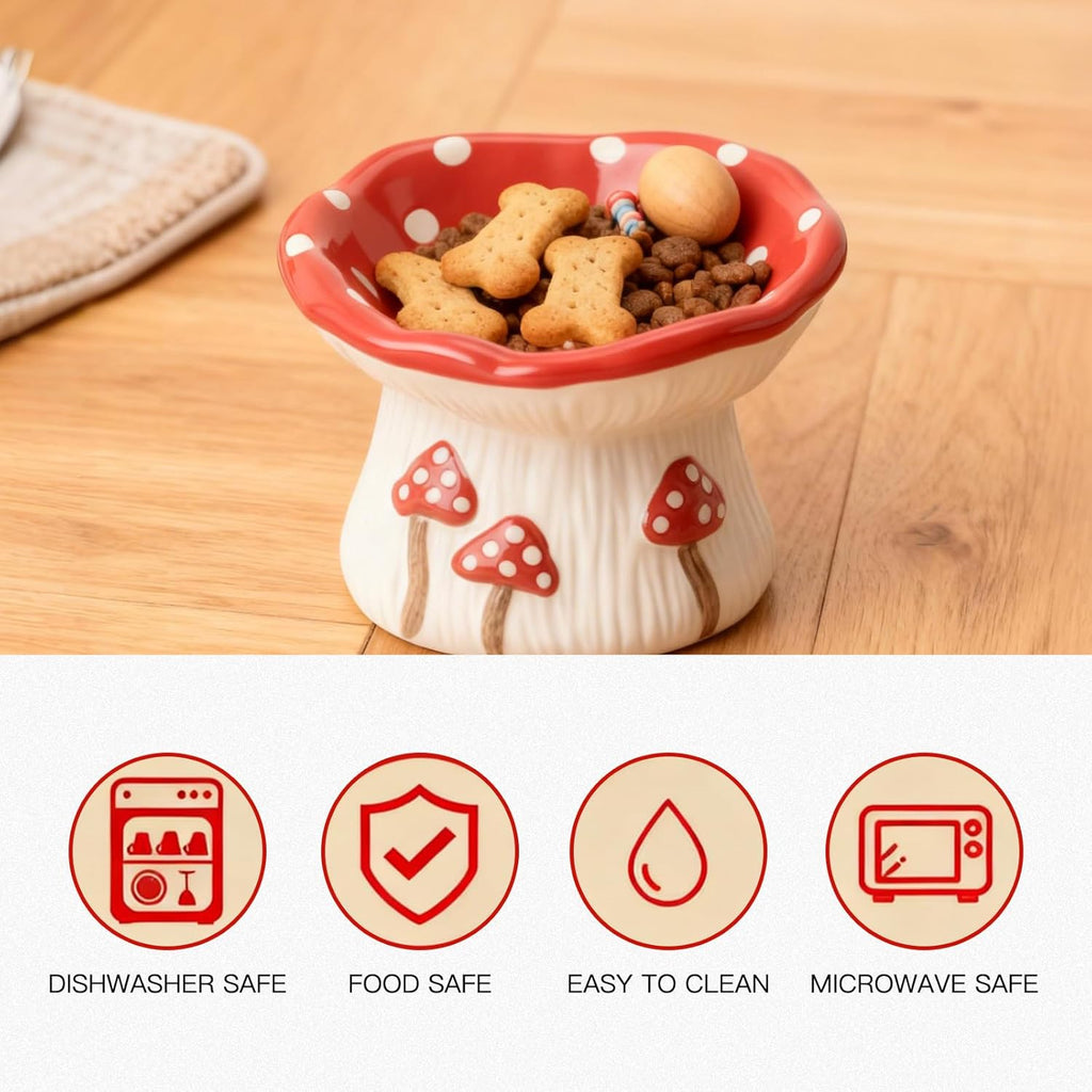 Ceramic mushroom‑design pet bowl holding treats with icons showing dishwasher safe, food safe, easy to clean, and microwave safe features.
